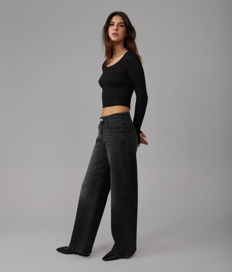 NOVA-BA Mid Rise Wide Leg Jeans